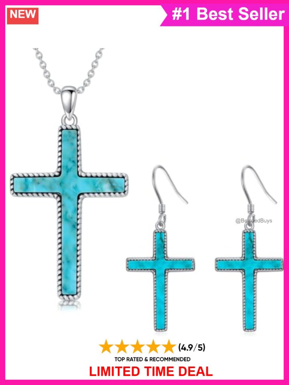 925 Sterling Silver Turquoise Cross Necklace Earrings Set
